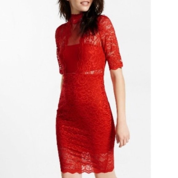 Express Dresses & Skirts - Express | Red Lace Sheer Overlay Fitted Dress | 2